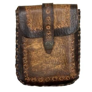 Vintage Hand Tooled Leather Pouch Mexico Western Boho Rustic Belt Bag